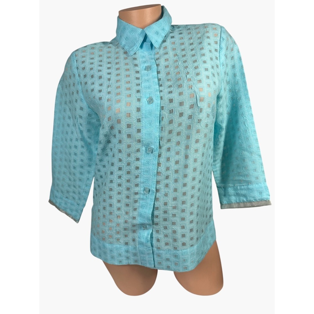 JH Collectibles Womens Top Small Button Blue 3/4 Sleeve Semi Sheer Lightweight